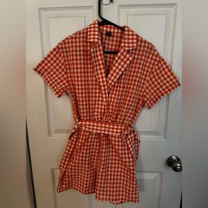 SHEIN Orange and White Checkered Mini Romper